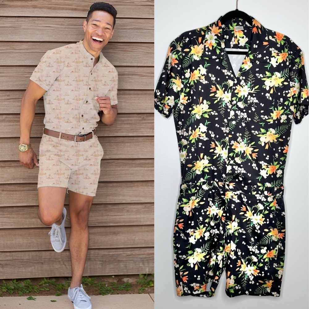 Romperjack Mens Tropical Floral Print Romper in Black